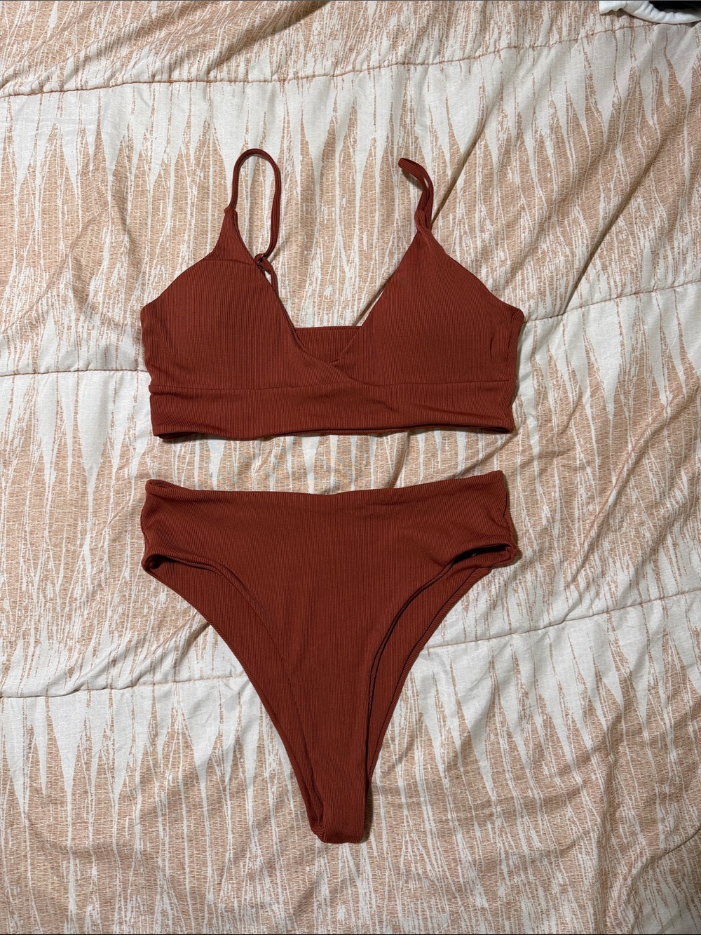 ROMWE Ribbed Rust Brown Bralette and High-Waist Bikini Set
